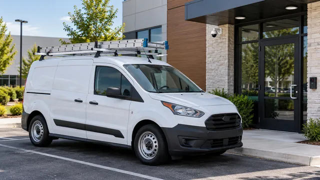 A small cargo van with a ladder on its roof rack outside an office building with a security camera