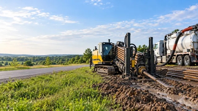 A directional drill rig and vacuum truck working along a roadside right-of-way