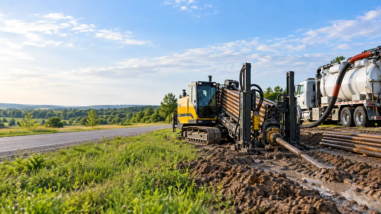 A directional drill rig and vacuum truck working along a roadside right-of-way