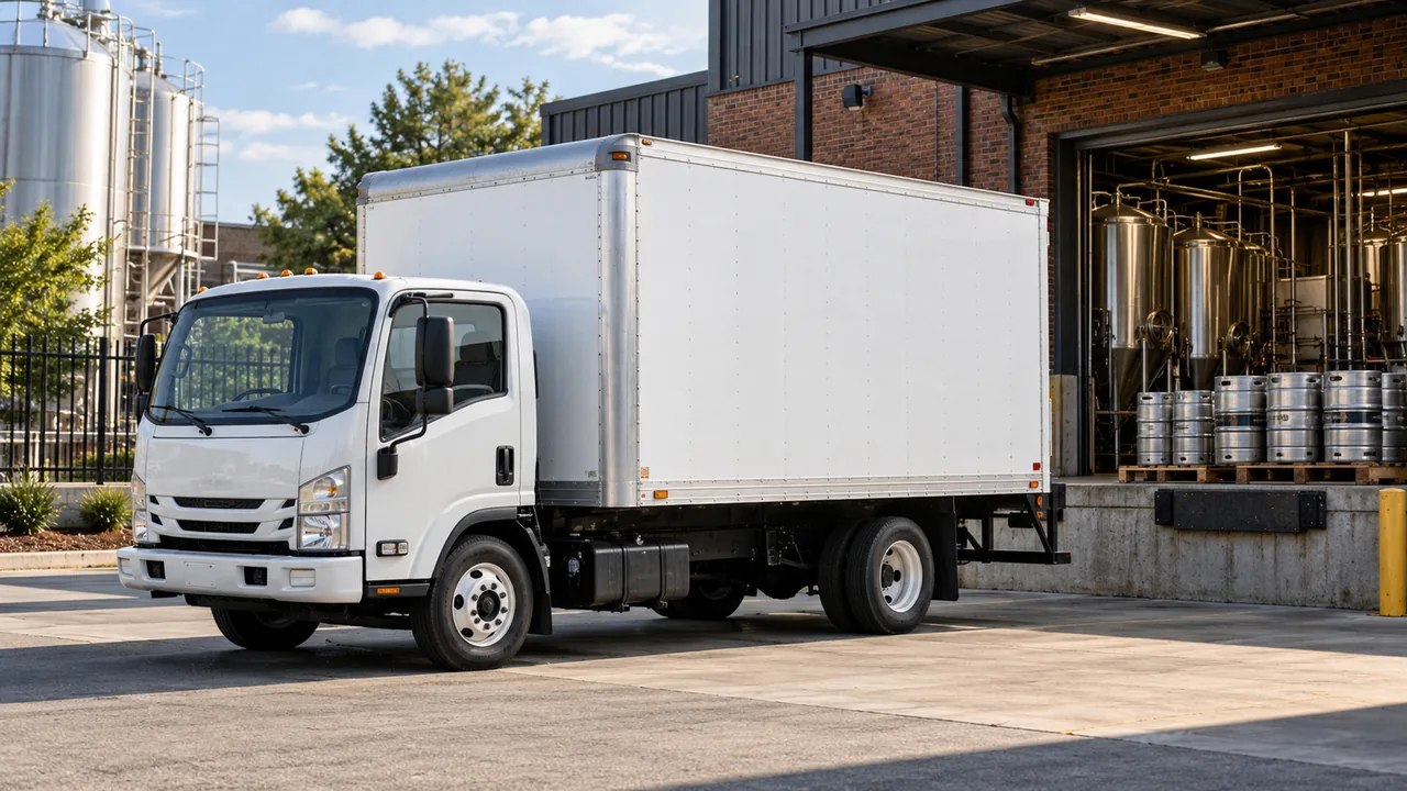 A box truck at a brewery loading dock stacked with kegs