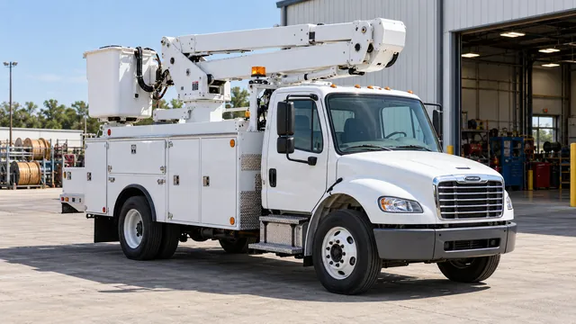 A bucket truck with a utility body outside a service shop, cable reels stacked in the yard