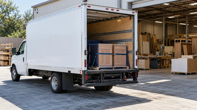 A box truck with its rear door open and new cabinets strapped inside, outside a cabinet shop