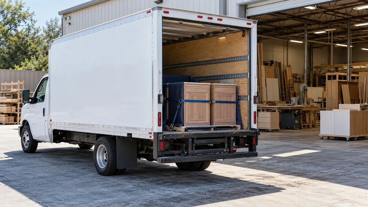 A box truck with its rear door open and new cabinets strapped inside, outside a cabinet shop