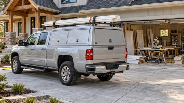 A pickup with a utility cap and a rack of trim boards in a home's driveway, a miter saw set up in the garage