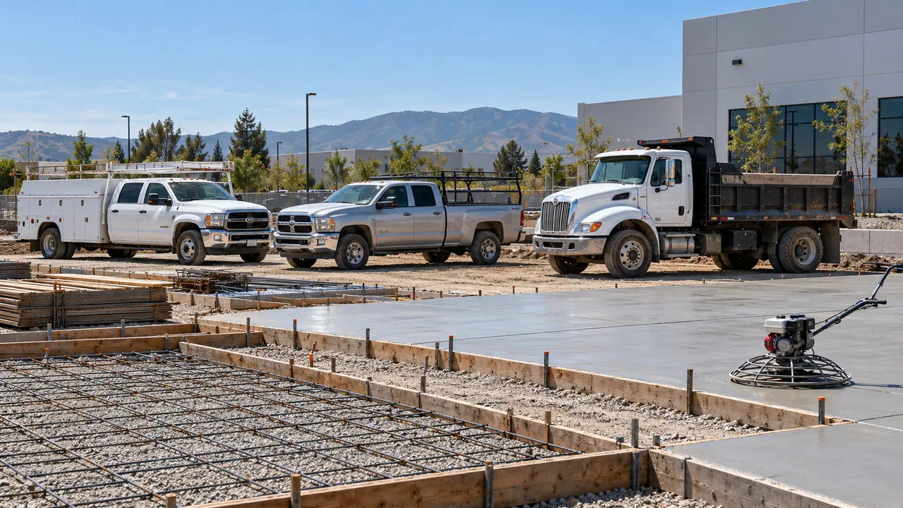 A service-body truck, a work pickup and a dump truck parked beside a new concrete slab
