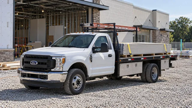A flatbed truck loaded with drywall, a ladder on its rack, outside a commercial building under construction