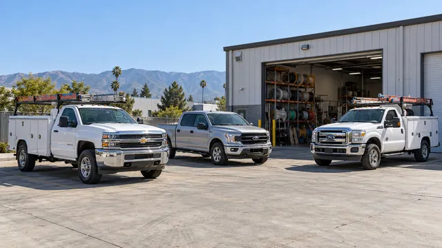 Two service-body pickups with ladder racks and a crew-cab pickup outside a warehouse stocked with wire reels