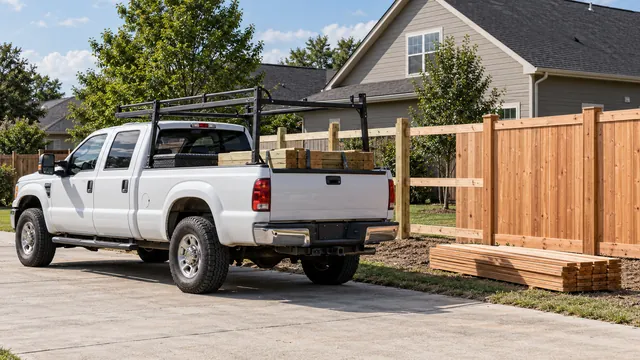 A work pickup with a ladder rack and a load of fence lumber beside a new wood privacy fence