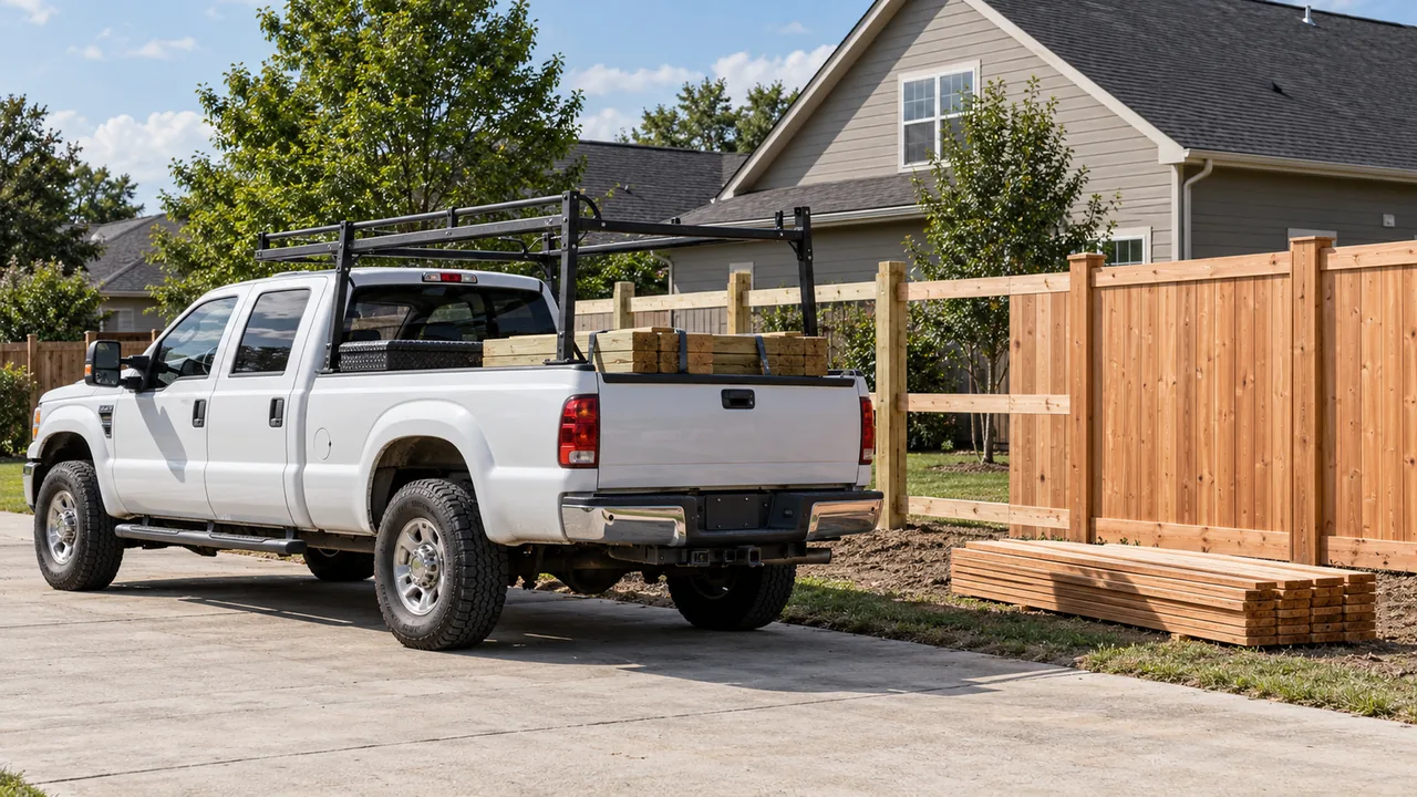 A work pickup with a ladder rack and a load of fence lumber beside a new wood privacy fence