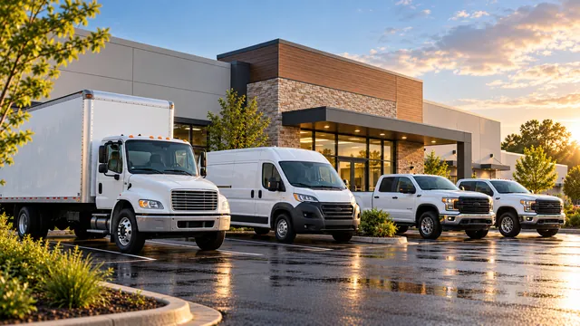 A box truck, cargo van and work pickups parked in front of an office building