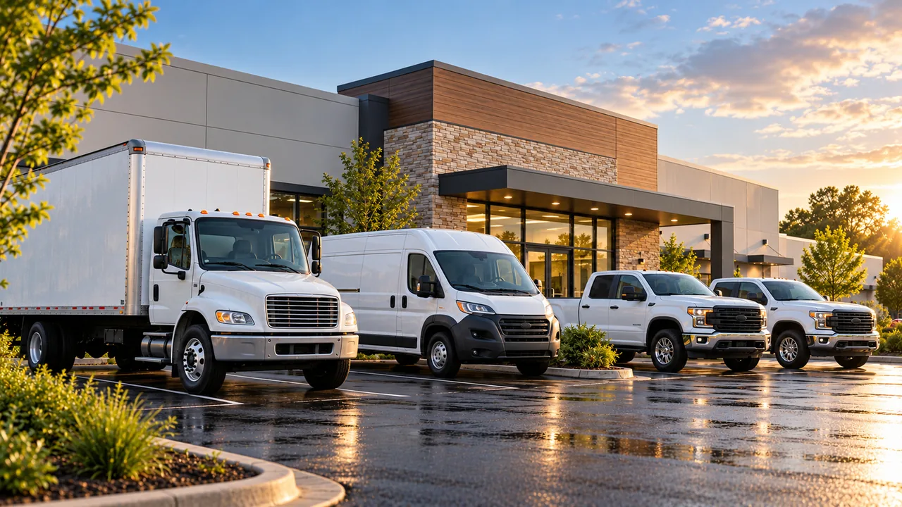 A box truck, cargo van and work pickups parked in front of an office building