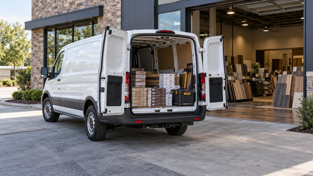 A cargo van with its rear doors open, loaded with boxes of flooring outside a flooring showroom