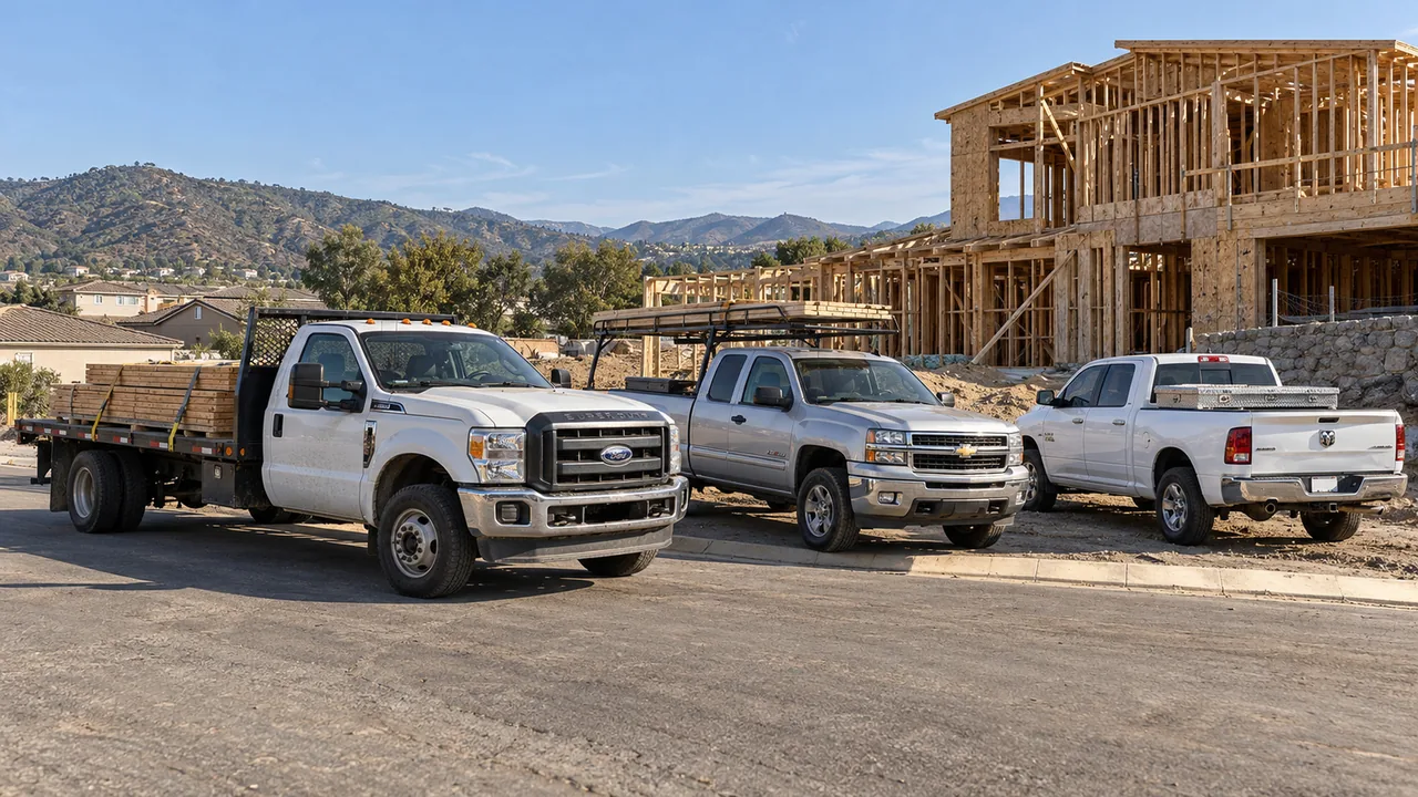 A flatbed loaded with lumber, a pickup with a lumber rack and a work pickup beside a house being framed