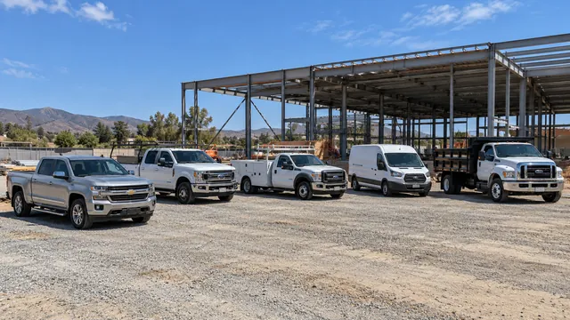 A general contractor's fleet of two work pickups, a service-body truck, a cargo van and a stake-side truck at a steel-frame building site
