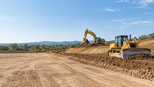 An excavator and a bulldozer grading a dirt building pad