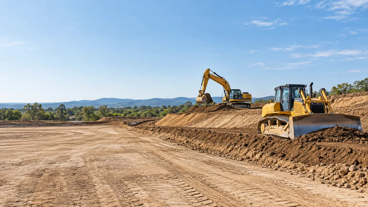 An excavator and a bulldozer grading a dirt building pad