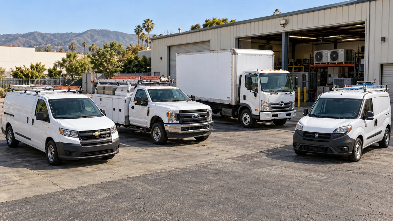 Two cargo vans with ladder racks, a service-body truck and a box truck outside a shop stocked with condenser units