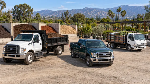 A dump truck loaded with mulch, a crew-cab pickup and a stake bed truck of plants at a landscape supply yard