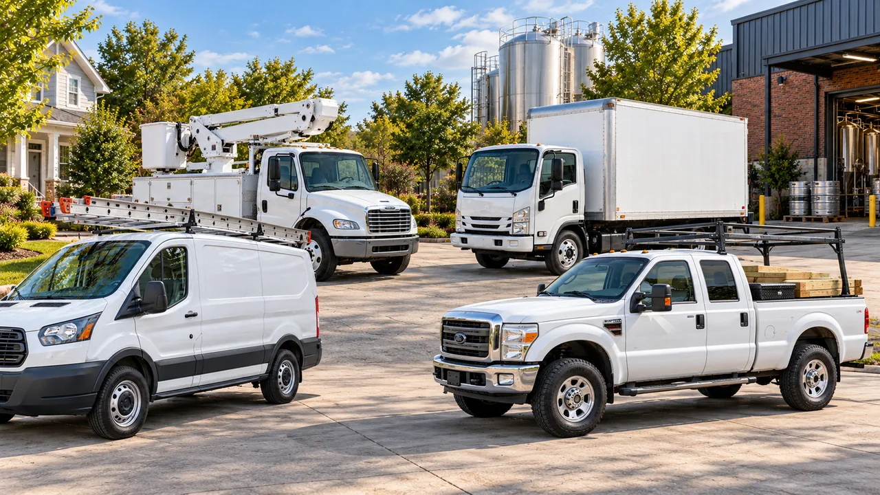 A cargo van with a ladder rack, a bucket truck, a box truck and a work pickup carrying lumber parked together in a business yard
