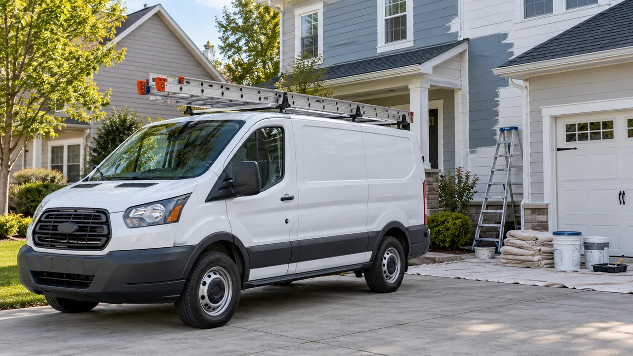 A cargo van with an extension ladder on its roof rack in the driveway of a house being painted