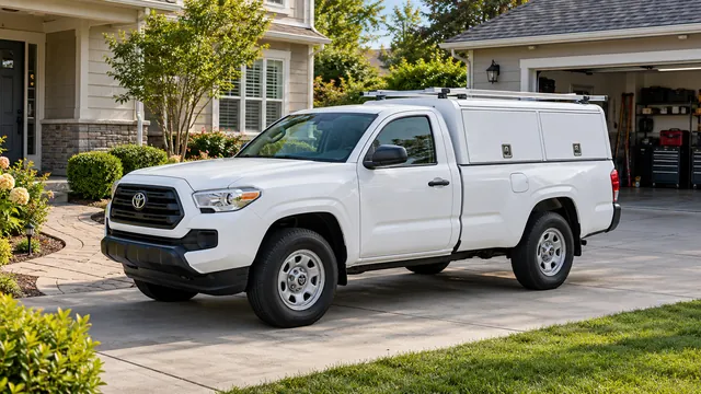 A small work pickup with a utility cap and roof rack in a home's driveway