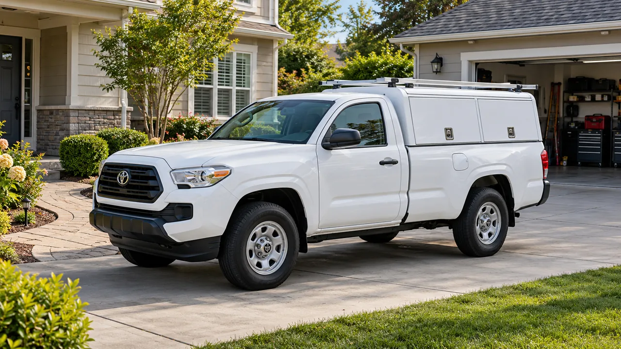 A small work pickup with a utility cap and roof rack in a home's driveway