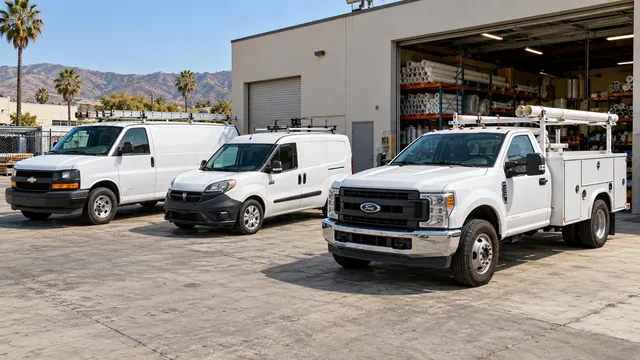 Two cargo vans and a service-body truck carrying pipe on its rack outside a warehouse stocked with pipe
