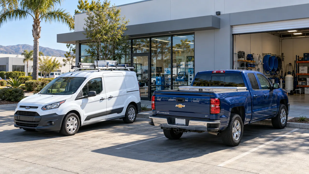 A small cargo van with a roof rack and a pickup with a bed toolbox outside a pool supply store