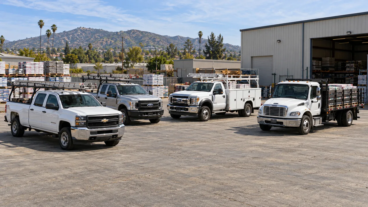 Work pickups with ladder racks, a service-body truck and a loaded stake bed truck at a building supply yard