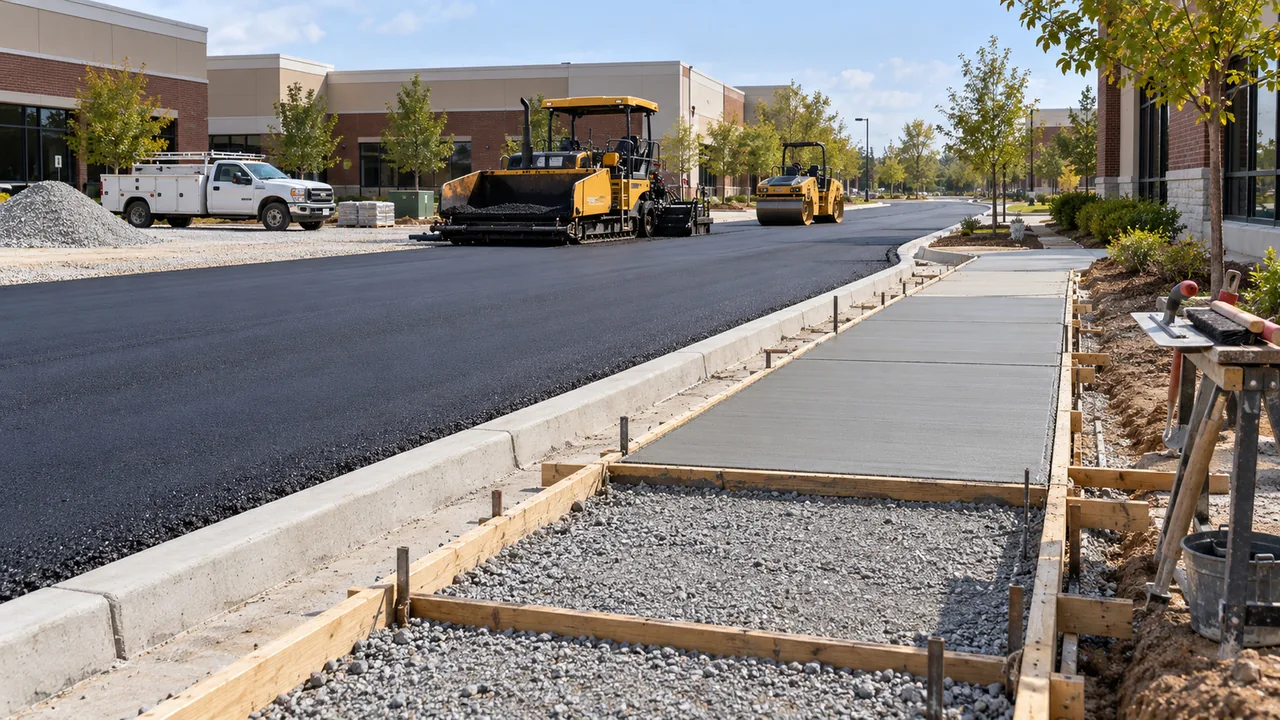 An asphalt paver and a roller finishing a street beside a new concrete sidewalk, a service-body pickup parked nearby