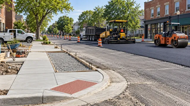A dump truck, an asphalt paver and a roller repaving a city street beside a new sidewalk