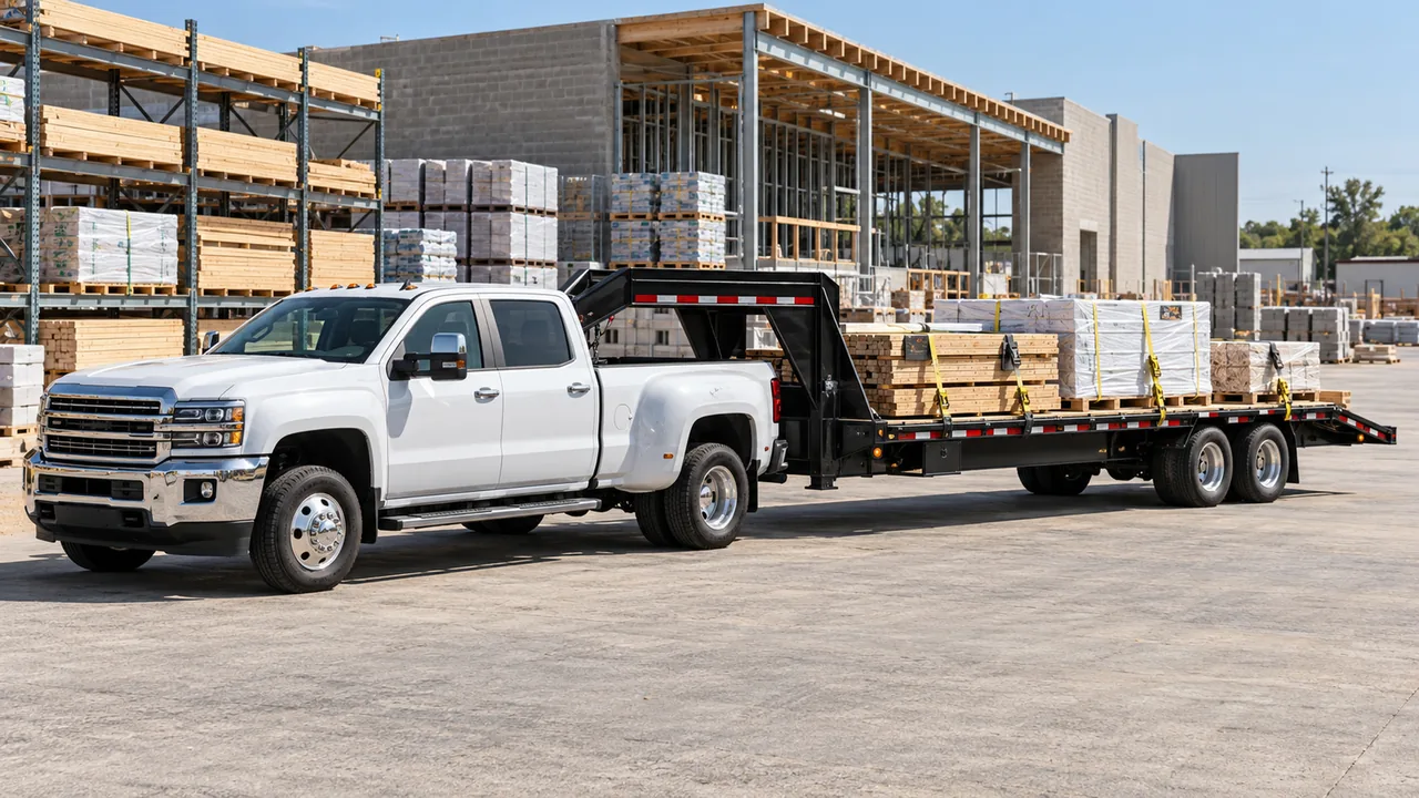 A one-ton dually pickup towing a gooseneck flatbed trailer loaded with lumber at a building supply yard