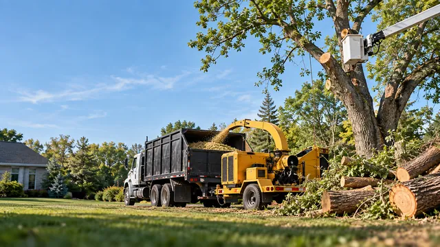 A wood chipper blowing chips into a chip truck under a large tree, an aerial lift bucket in its branches and cut logs on the lawn