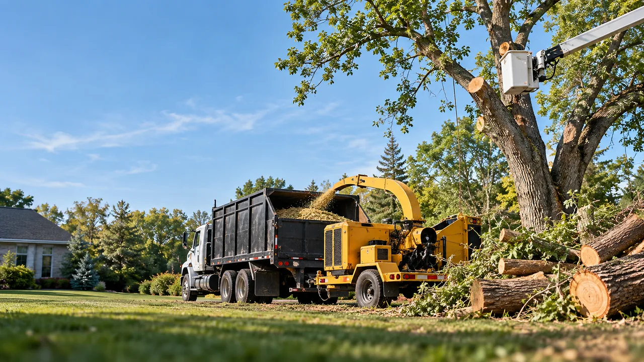 A wood chipper blowing chips into a chip truck under a large tree, an aerial lift bucket in its branches and cut logs on the lawn