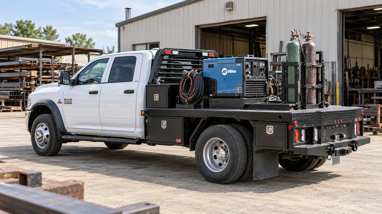 A welding rig truck carrying a welder, hose reels and gas cylinders at a steel yard
